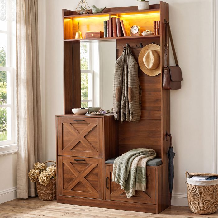 Meuble dEntrée 100x25x180 cm LEMLIT Vestiaire Multi-Rangements Miroir Plein Pied LED APP 2 Abattants Banc avec Coffre - Noyer