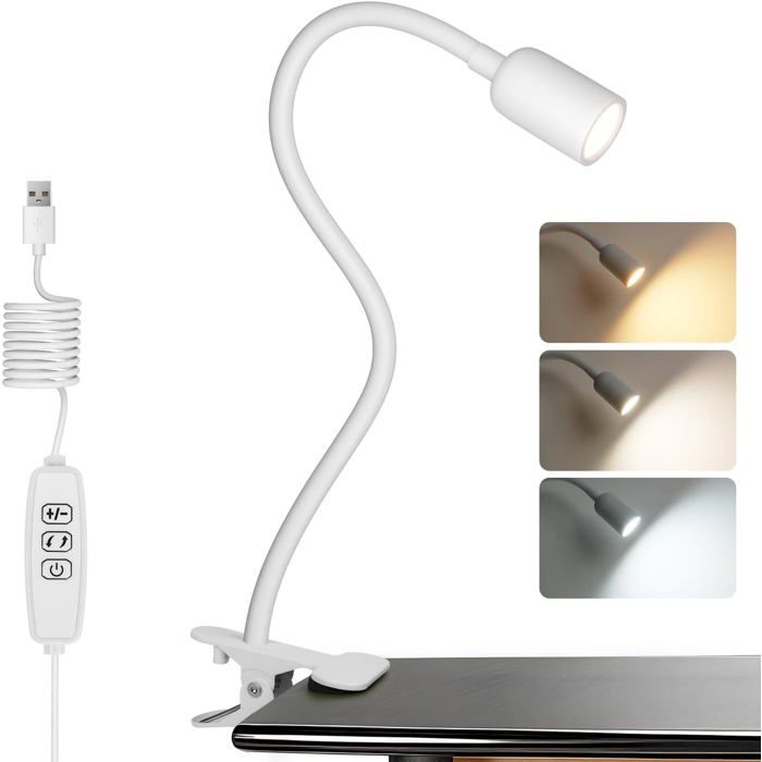 LAMPE A POSER ZENATERRA-Lampe de bureau à pince 360° flexible 3 modes & 4 niveaux luminosité USB blanc