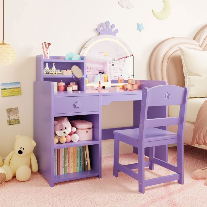 Coiffeuse avec Miroir LED et Tabouret - 105x77.7 x 36 cm - 3 Modes Déclairage - Violet