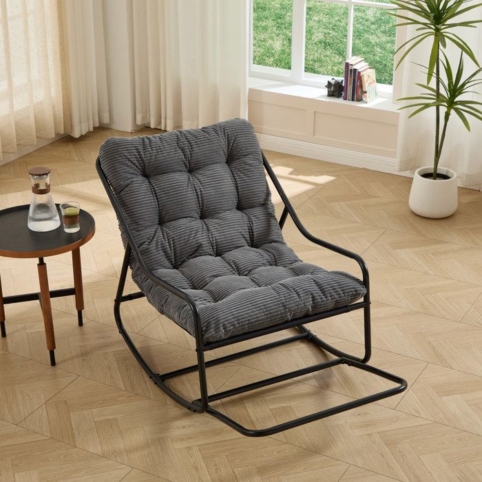 Fauteuil à bascule 1 place en acier noir et gris coussin épais en velours côtelé pour intérieur et extérieur