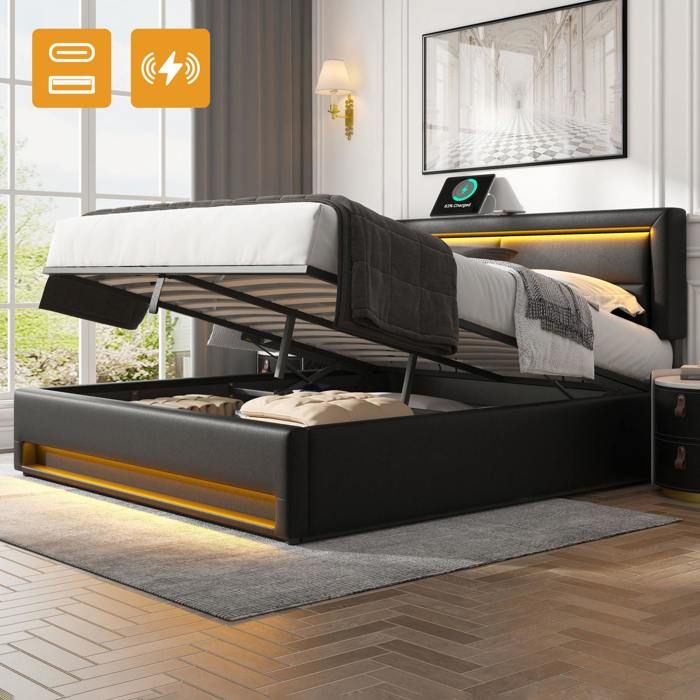 Lit double 140 x 190 cm en similicuir noir avec led intégrée port usb et coffre de rangement sans matelas