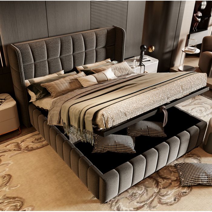 Lit coffre rembourré gris 180 x 200 cm – Sommier à lattes – Cadre métallique renforcé