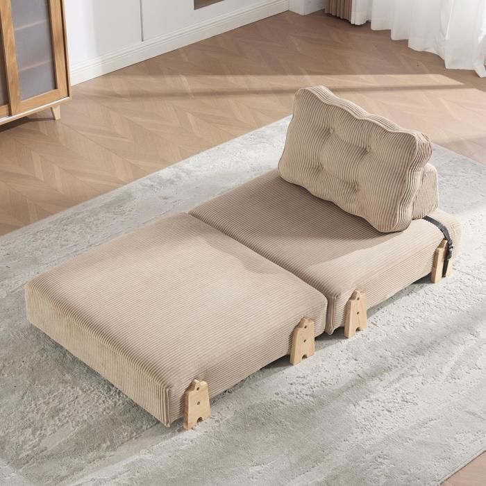 Fauteuil Convertible 1 Place - 90x86x84cm - Chauffeuse Pliable en Lit dAppoint Tissu Velours Côtelé et Bois - Kaki