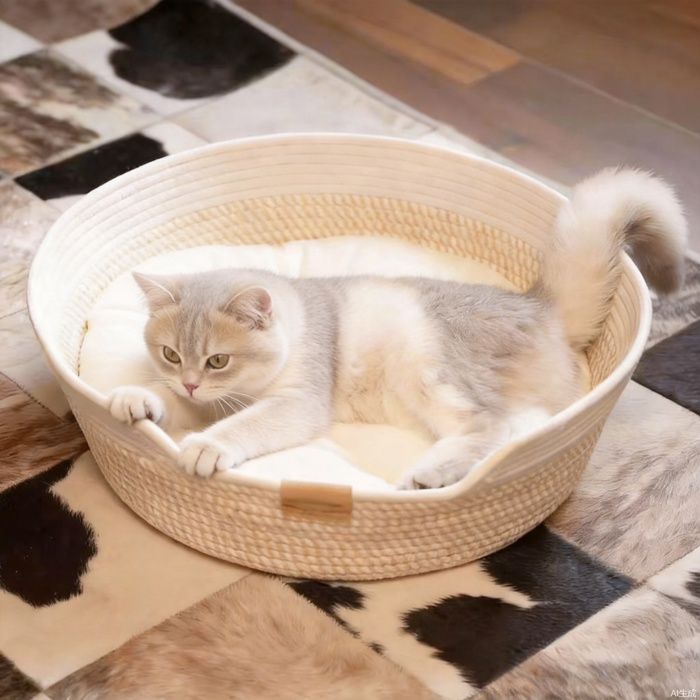 Panier chat corde coton blanc jaune diam 50cm sans rembourrage anti-griffe chat