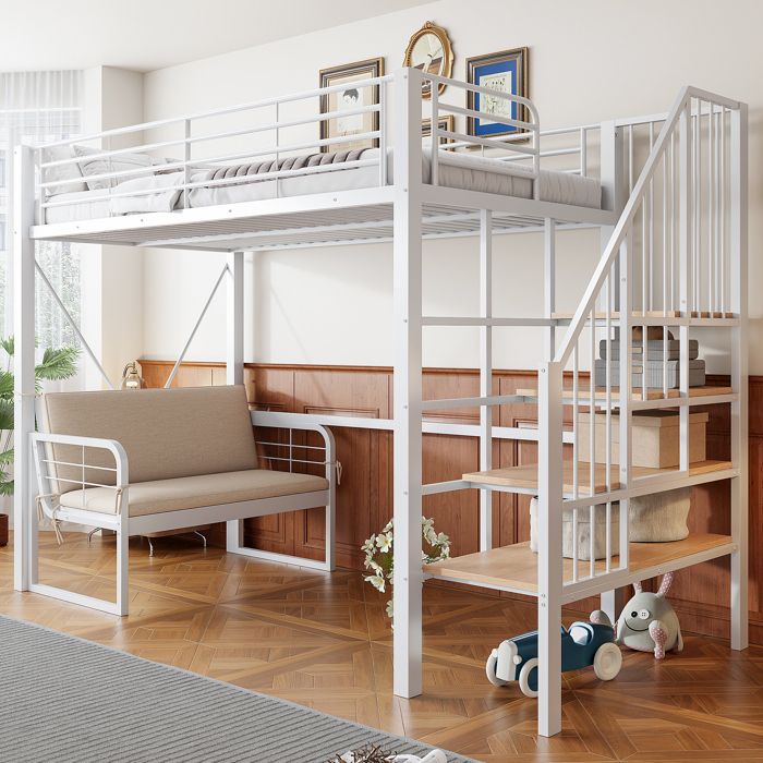 Lit superposé - MINIMAL - blanc métal canapé rembourré amovible rangement escalier enfant adulte 90x200
