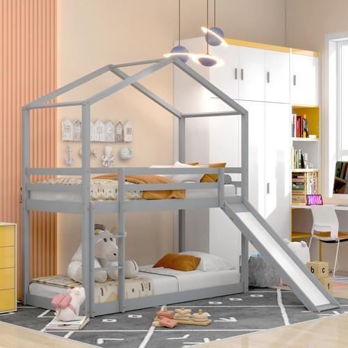 lit cabane superposé pour enfant bas avec toboggan-cadre de lit superposé en bois massif-90 x 200 cm-gris