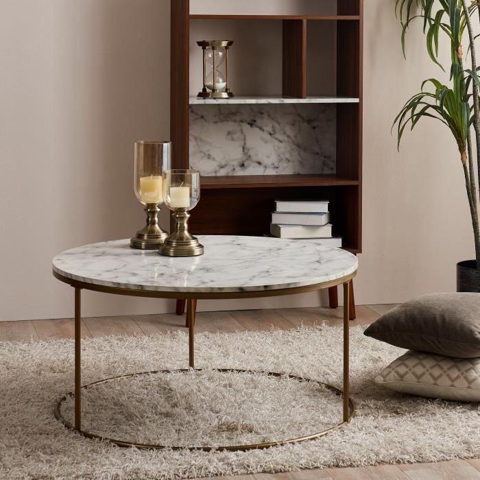 Table Basse Ronde En Bois Effet Faux Marbre Pieds Metal Dore
