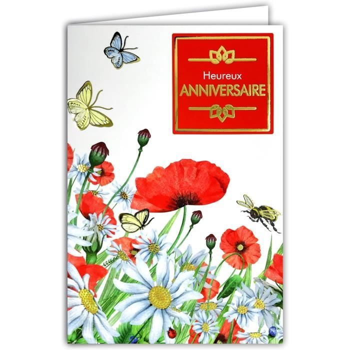 Carte Heureux Anniversaire Bouquet Fleurs Marguerites Coquelicots ...