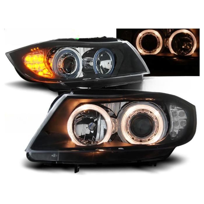 Paire de feux phares BMW serie 3 E90 de 2005 a 2008 angel eyes noir + Cligno Led-27361190
