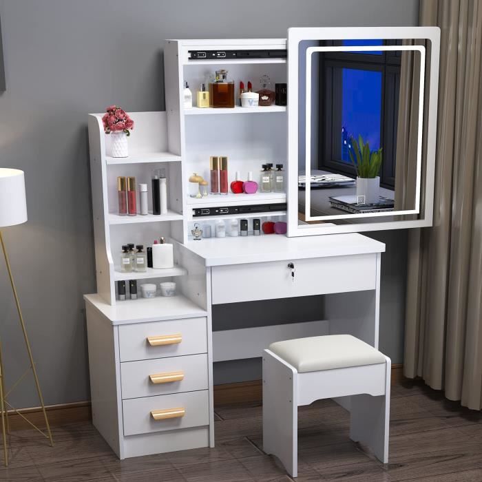 Coiffeuse Blanche Avec Miroir LED & 4 Tiroirs | Éclairage Réglable + Tabouret | Design Moderne Et Gain De Place