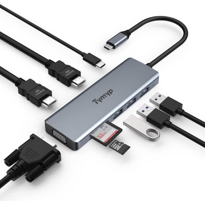 Station D'accueil USB-C ICY BOX 9-en-1 - Double écran 4K 60Hz, Ports USB 3.0, Ethernet Gigabit, Charge 100W