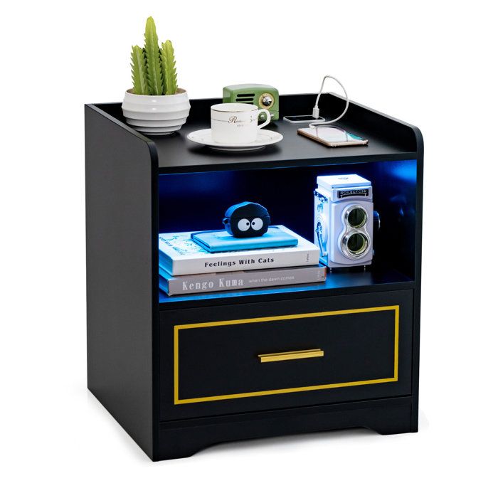 COSTWAY Table de Chevet LED avec 1 TYPE-C + 1 USB 3 Couleurs de Lumière Capteur Intelligent 45 x 40 x 50 cm Noir COSTWAY Table de Chevet LED avec 1 TYPE-C + 1 USB 3 Couleurs de Lumière Capteur Intelligent 45 x 40 x 50 cm Noir
