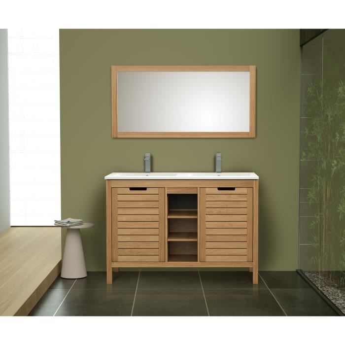 OLEA Ensemble salle de bain en bois eucalyptus massif double vasque L 120 cm Naturel