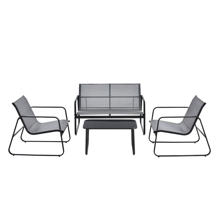 Salon de Jardin Palencia de 4 Meubles Acier PVC Noir Gris Clair