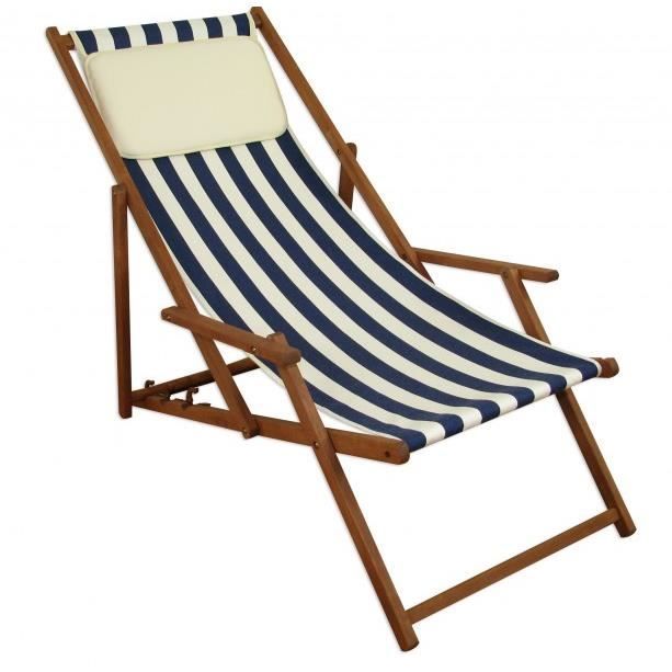chaise longue rayé bleu et blanc - erst-holz - 10-317kh - chilienne - bain de soleil pliant - dossier réglable