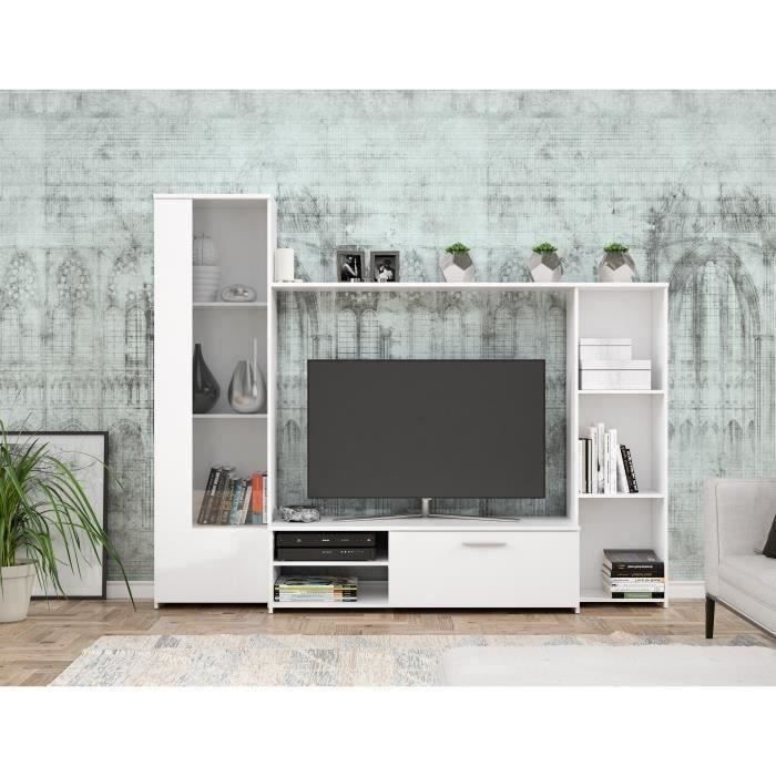 Meuble TV paroi PILVI - Particules mélaminé -Décor blanc mat - porte vitrée + 1 abattant + 5 niches