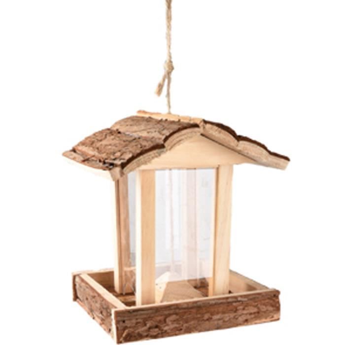 Mangeoire pour oiseaux - FLAMINGO - JARO - À suspendre - Bois avec écorce & plexi - 18 x 175 x 205 cm
