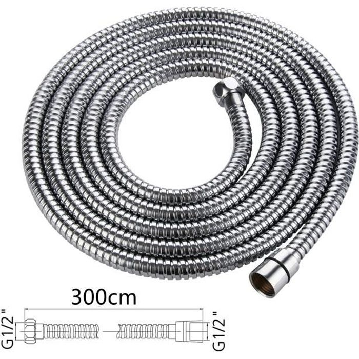 3 m tuyau de remplacement extra long en acier inoxydable avec rondelles Tuyau de douche de 3 m