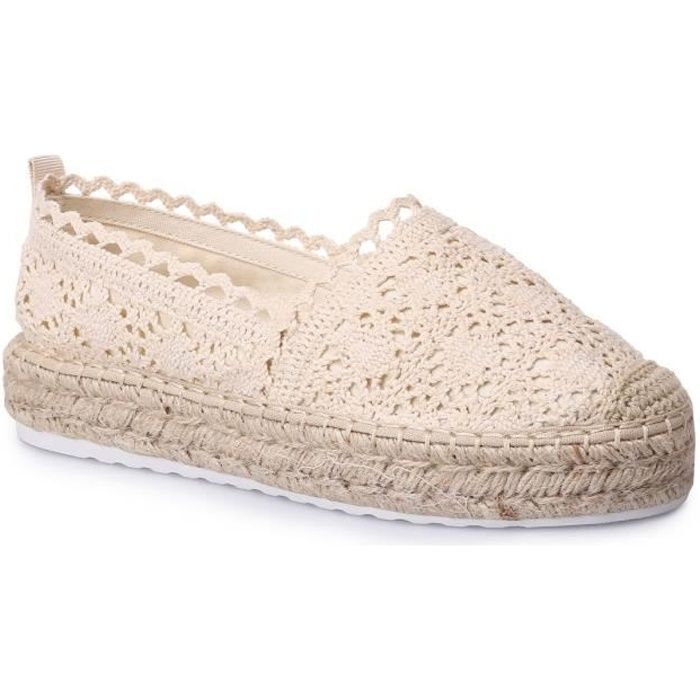 Espadrilles Femme - Beige - Plateforme en Crochet Dentelle - Talon Compensé Cordage Tressé - Semelle en Gomme