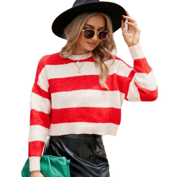 Pull col rond rayures rouges femme