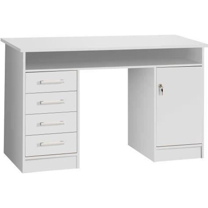 Bureau droit à clés avec 1 porte et 4 tiroirs - Décor papier blanc - 126 x P 55 x H 76 cm - ALICANTE