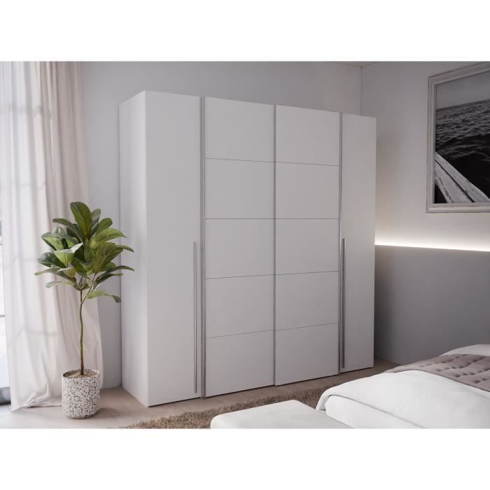 Armoire NARAGO - Décor Blanc mat - 2 portes coulissantes + 2 portes battantes + 2 penderies - L200 x