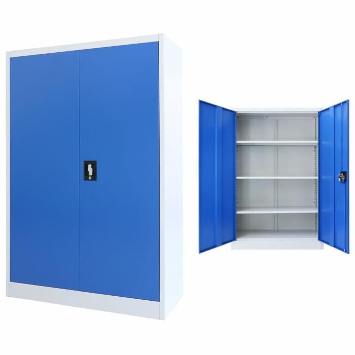 armoire de bureau - ovonni - métal - gris et bleu - 2 portes - 3 étagères réglables