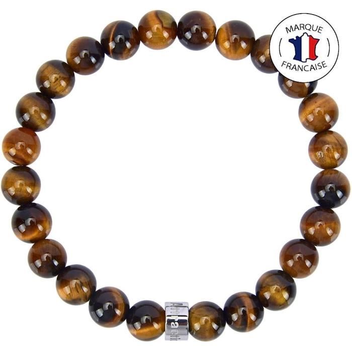 Bracelet Bouddha En Oeil De Tigre D'Afrique Du Sud - Boules 8mm, Acier Inoxydable Argenté Ou Doré