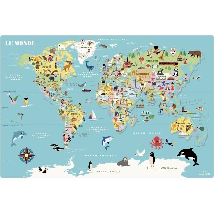 Puzzle en bois carte magnétique - VILAC - Carte du Monde - 86 pièces - Bleu - Mixte