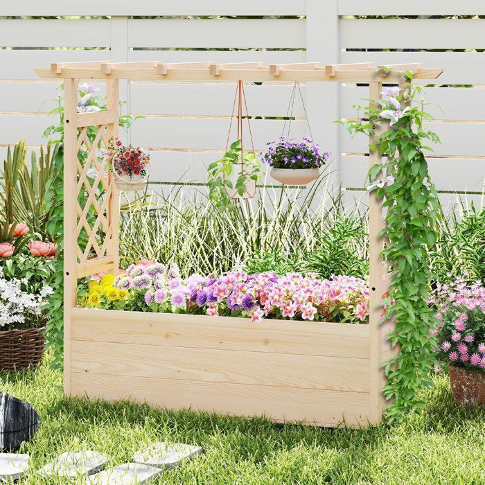 Jardinière Surélevée en Bois Massif COSTWAY, Toit Suspendu 2 Treillis Latéraux Bac de Jardin pour Fleurs Légumes Plantes Grimpantes - Jardin