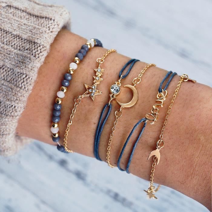 Bracelets Boho Étoiles Et Lune JOVONO - Lot De 6 - Perles Et Strass - Bijoux Femme Et Fille