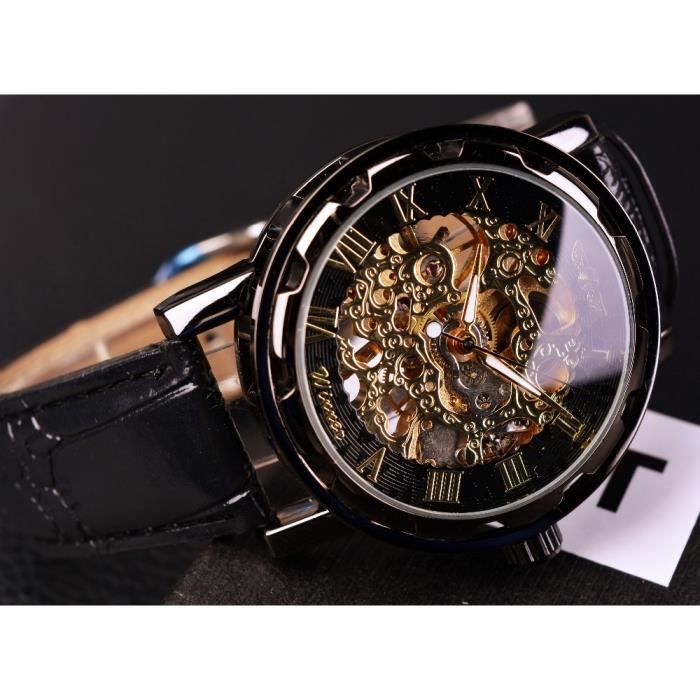 WINNER Or Noir Homme Horloge Squelette Mens Montre En Cuir Montre Mecanique Montre Bracelet Avec Boite Cadeau Cdiscount Bijouterie