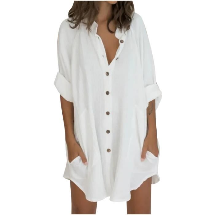 Robe chemise femme courte mini robe manches 3 4 chemise patchwork de couleur unie blanche Blanche Cdiscount Pret a Porter