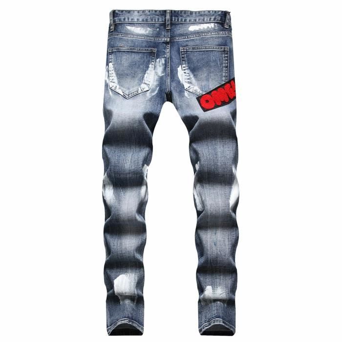 Jeans Homme Fashion Slim Fit Casual Jean Broderie 5 Poches Tendance Effet Blanche et Delave