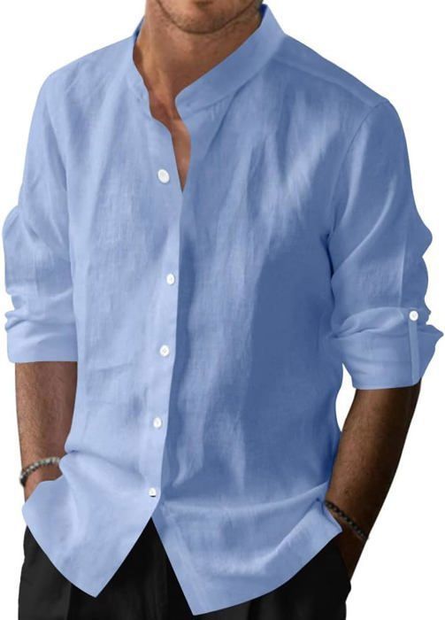 Chemise Homme En Lin Et Coton NANAMEEI - Manches Longues, Col Mao - Décontractée, Pour été Et Plage