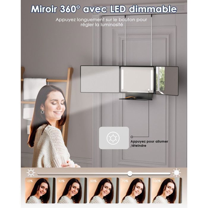 Dripex Miroir De Coiffure 360° LED Pliable - Hauteur Réglable Avec Crochets - Noir