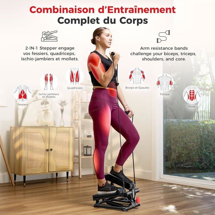Mini stepper pour la maison, fitness avec bandes de résistance et écran, appareil d'entraînement pour les jambes et les bras, jusqu'à 150 kg