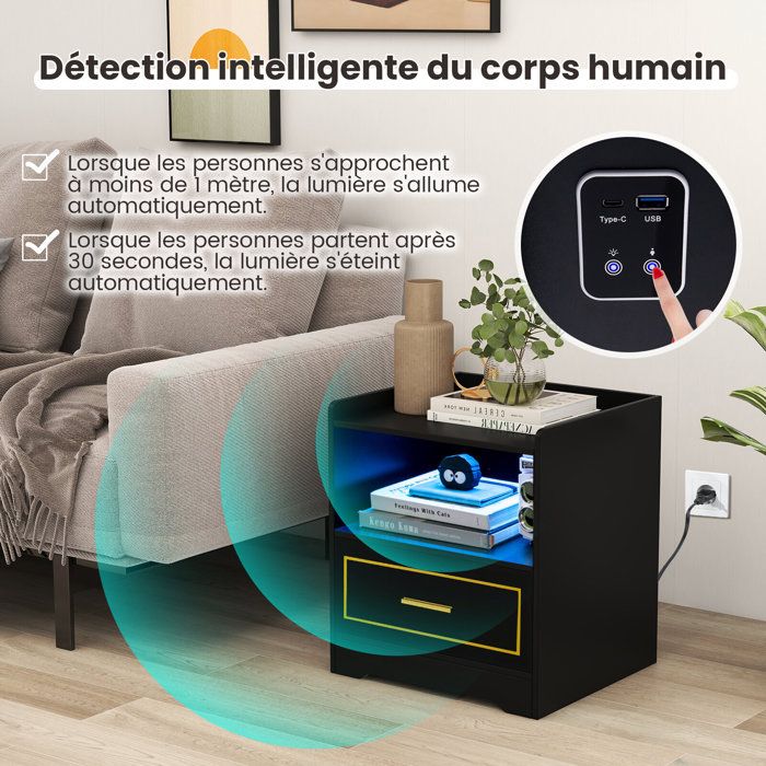 Table de Chevet LED,Table de Nuit avec 2-3 Tiroirs et 16 Couleurs