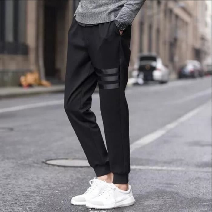 Pantalon de jogging pour homme ample et rayé, couleur unie noire