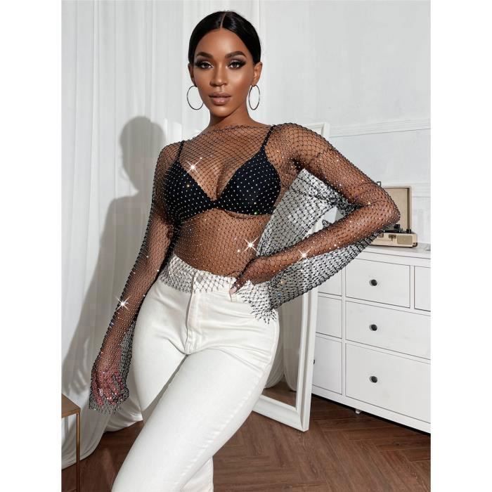 Haut strass et paillette manche longue cheap
