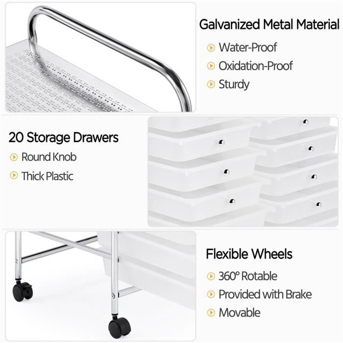 Tour De Rangement à Roulettes Avec Tiroirs – Meuble Plastique Blanc 3 Étagères – Organisateur Bureau, Chambre, Salle De Bain - 4