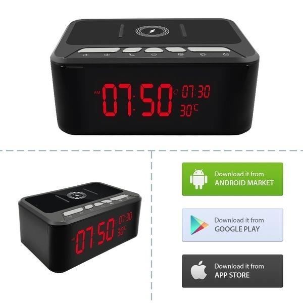 Réveil Caméra Espion Wifi Chargeur Induction & Enceinte Bluetooth.