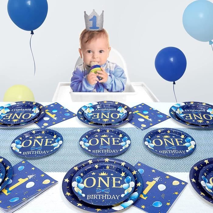 Vaisselle Anniversaire Garçon 1 An, 24 Invites Or Bleu 'One' Fête