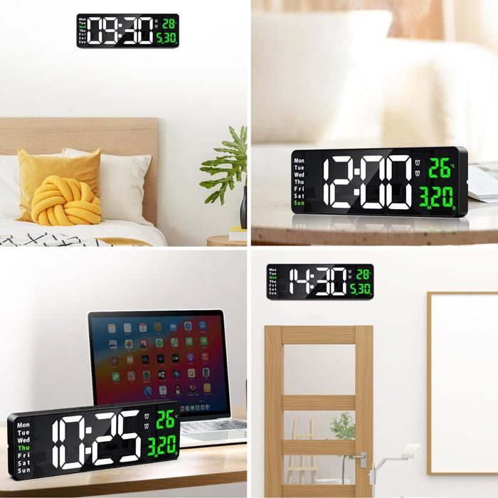 Horloge Murale LED Focenat - Affichage Numérique Heure, Date, Température - Télécommande Incluse