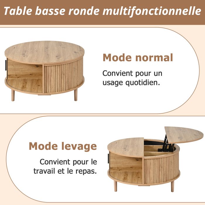 Table Basse Relevable Ronde Table Basse Ronde Relevable 80x80x59 cm Table de Salon Rangement ...