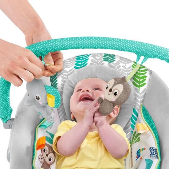 Bright Starts Transat Bébé Jungle Vines – Vibrations Apaisantes, Musique, Barre Jouets Amovible, Taggies, 0-9 Kg