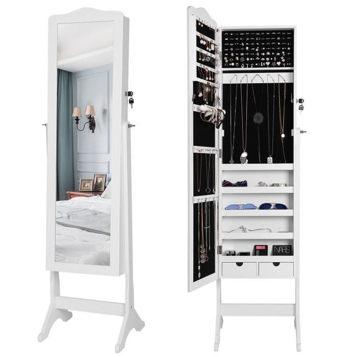 Songmics Armoire A Bijoux Rangement Avec Miroir Et Cles 2 Tiroirs