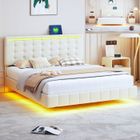 DANS LES NUAGES Lit 160x200 cm avec LED et port USB, structure de lit flottant 160x200 cm avec sommier à lattes, tissu en lin, beige