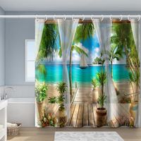 Rideau de douche en tissu polyester imperméable Paysage de la mer cocotiers 180 x 200 cm avec crochets