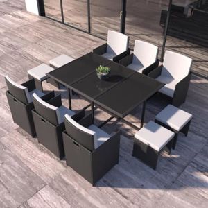 Ensemble table et chaise de jardin FLORIDA - Salon de jardin résine tressée Noir & Bl